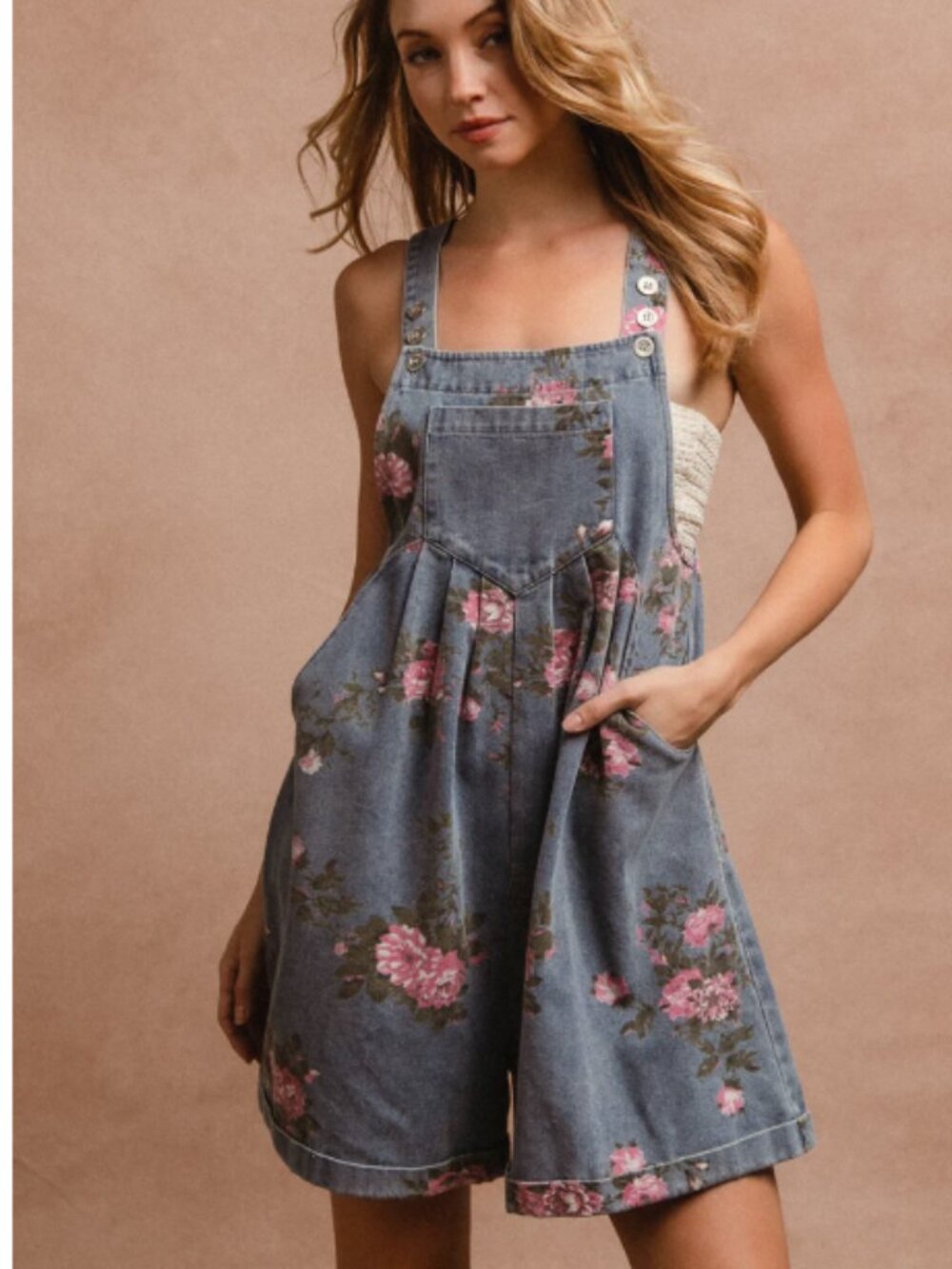 FLOWER PRINT WASHED DENIM WIDE LEG SHORTALLS-ADJUSTABLE BUTTONED SHOULDER STRAP